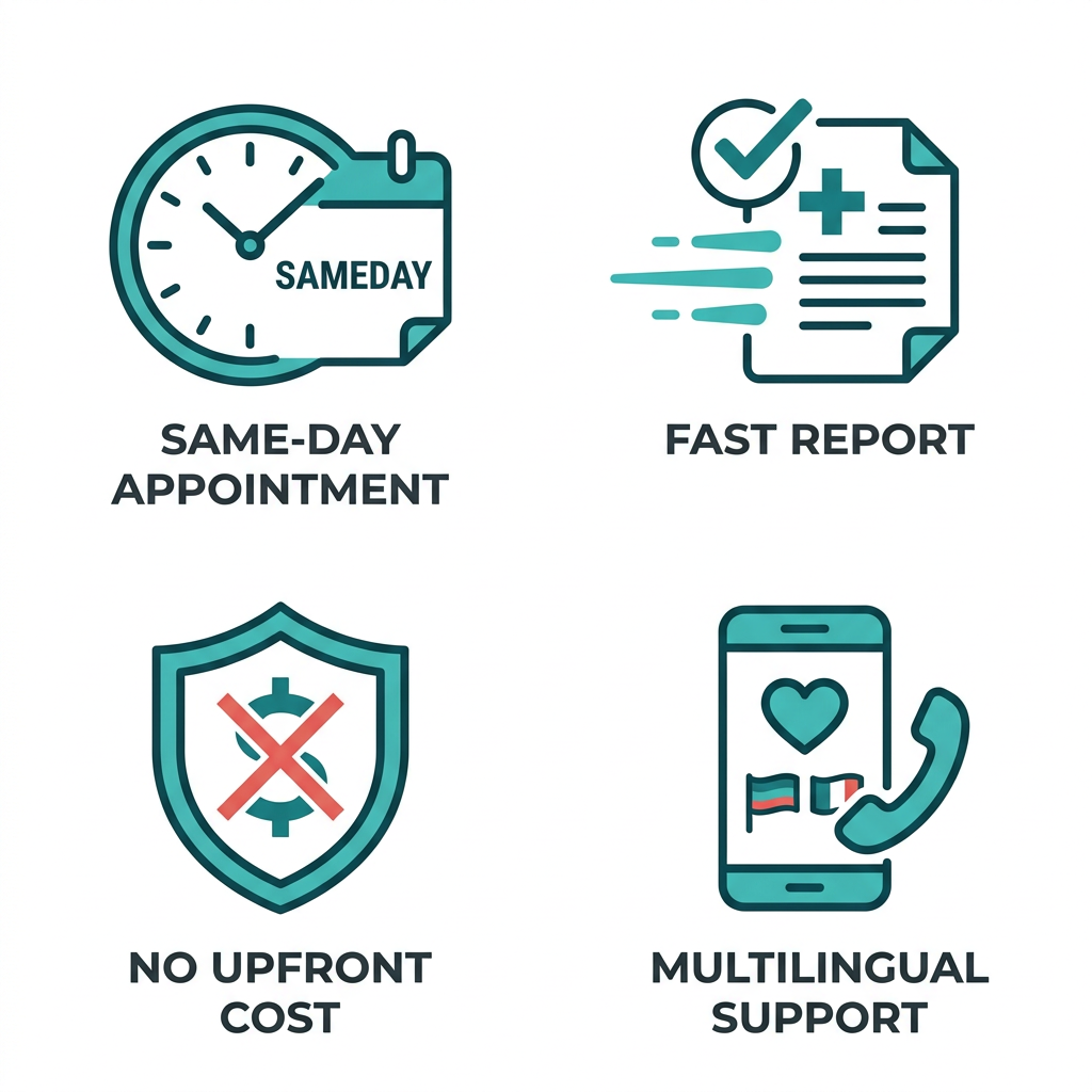 Four medical service icons in a 2x2 grid: clock and calendar, document with checkmark, shield with crossed-out dollar sign, phone with heart on white background.