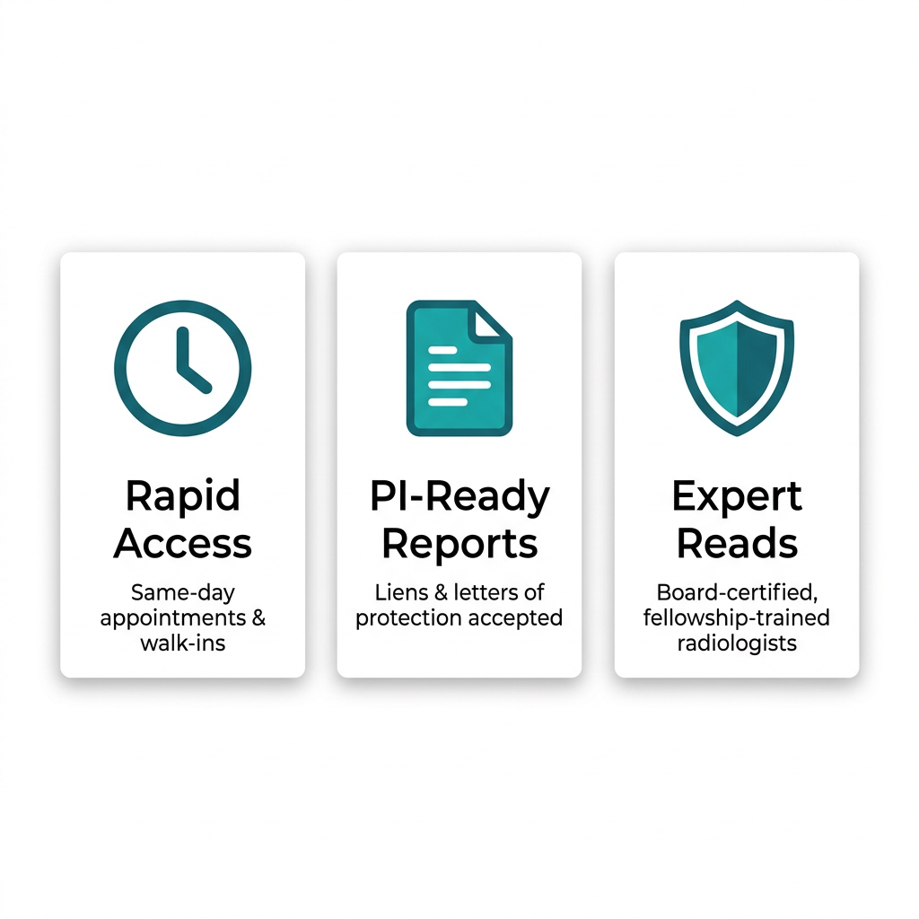 Three-card icon set showing differentiated features of knee MRI services: rapid access, PI-ready reports, and expert reads