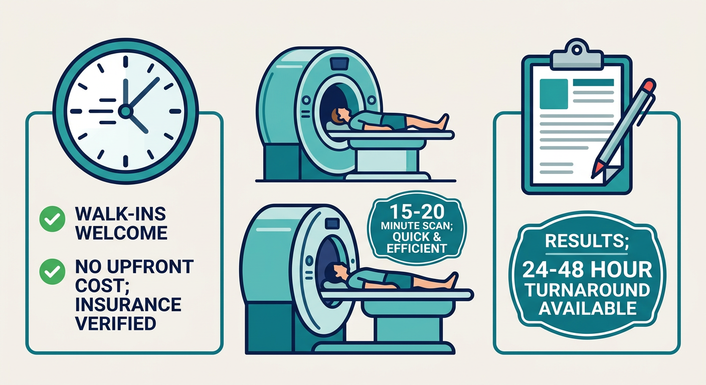 Infographic illustrating the three-step process of a knee MRI at Arizona Advanced Imaging, including scheduling, scanning, and results with turnaround times.