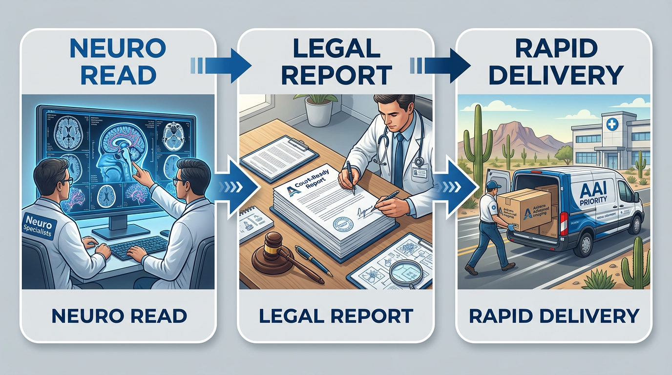 Three-stage process flow for court-ready diagnostic imaging reports at Arizona Advanced Imaging, showing neuro radiology read, legal report generation, and 24-48 hour delivery to attorney.