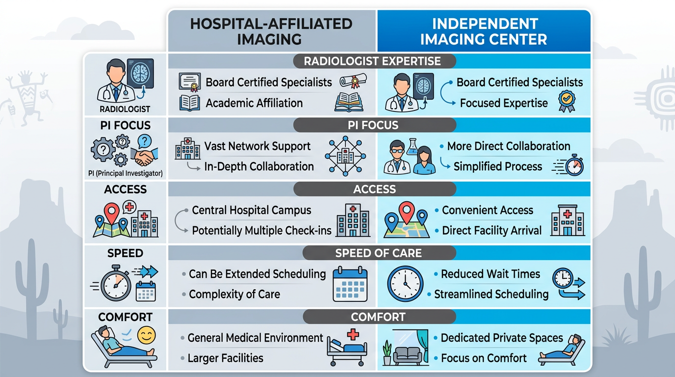 Horizontal infographic comparing hospital-affiliated imaging in gray-blue versus independent imaging center in vibrant blue with icons for expertise, PI coordination, and location access.