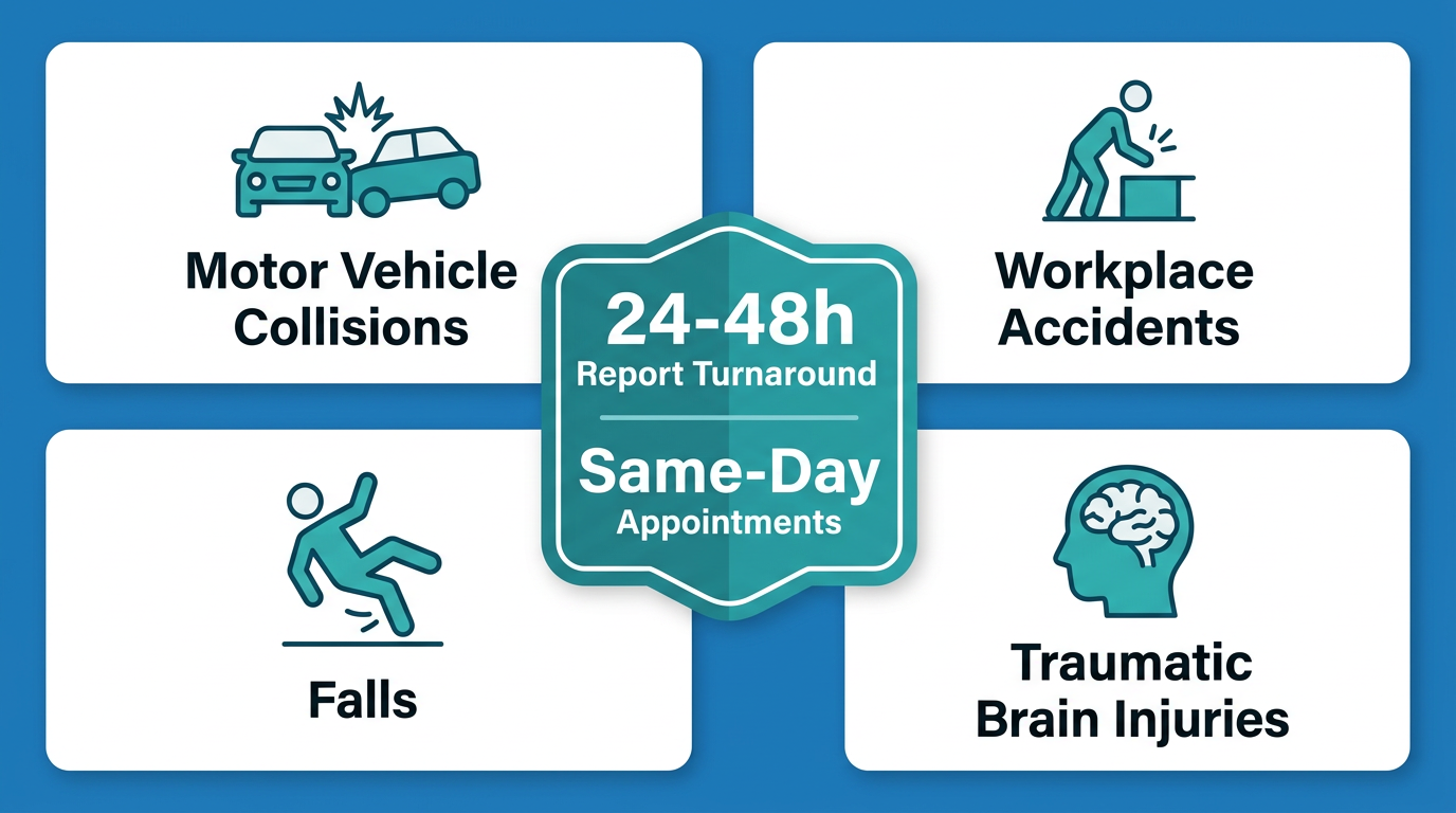 Infographic showing four types of injury cases: motor vehicle collisions, falls, workplace accidents, and traumatic brain injuries, with a central badge indicating 24-48 hour report turnaround and same-day appointments, using medical blue, white, and teal colors.