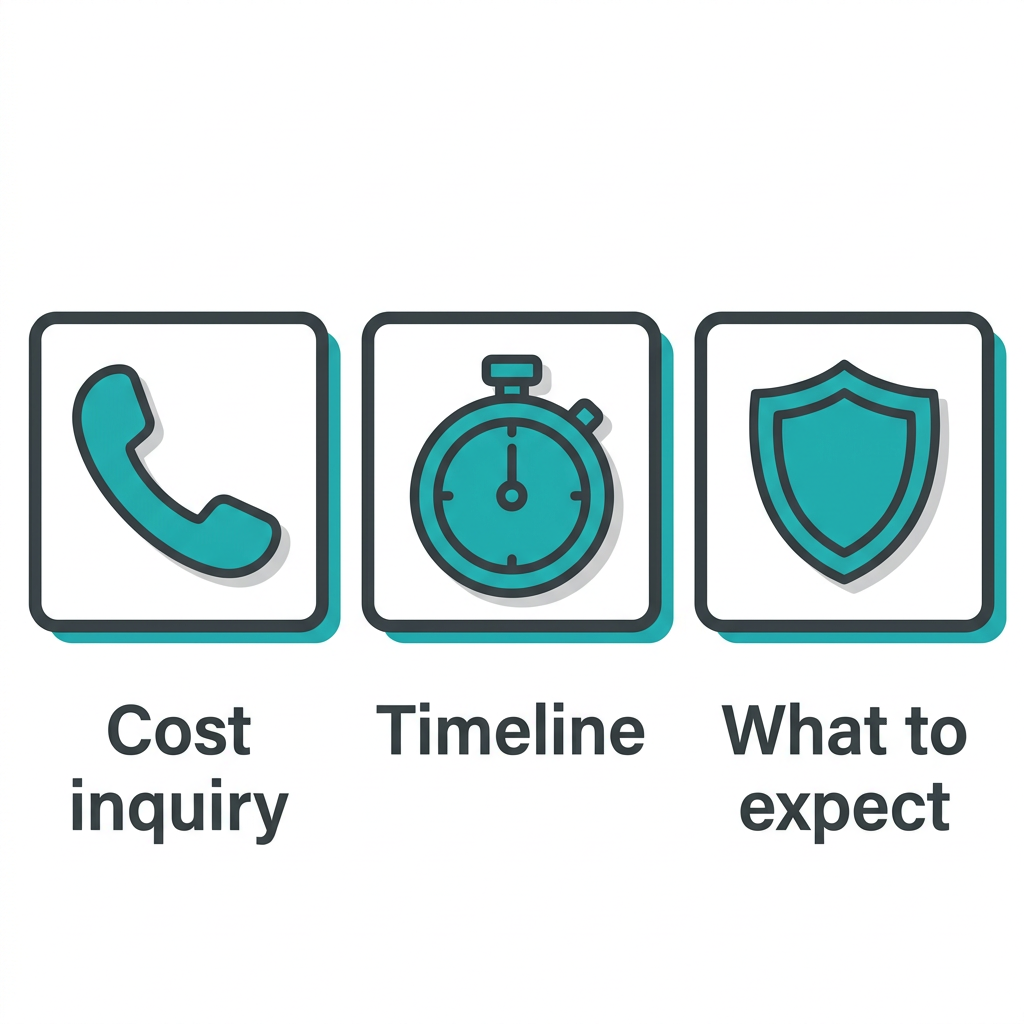 Three square icons arranged horizontally: phone for cost inquiry, stopwatch for timeline, shield badge for what to expect, each with a dark gray label below.