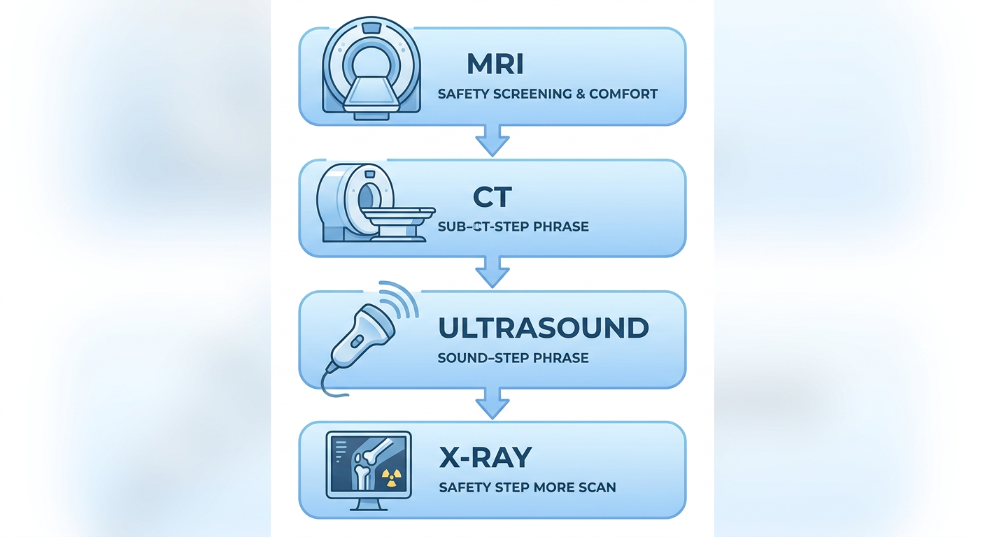 Vertical process flow of four diagnostic imaging types: MRI, CT, Ultrasound, and X-Ray, with downward arrows and sub-step descriptions.