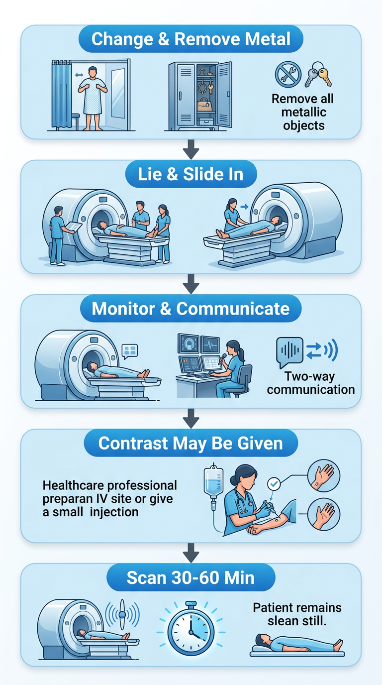 Five-step vertical process flow diagram for a personal injury MRI scan, starting with changing into a gown and removing metal, lying on the table and sliding into the scanner, technologist monitoring and communicating, possible contrast dye administration, and scan completion in 30 to 60 minutes.
