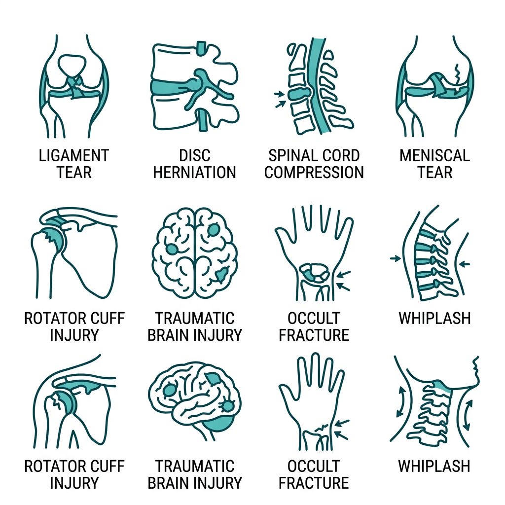 Eight medical icons representing MRI-detectable injuries: ligament tear, disc herniation, spinal cord compression, meniscal tear, rotator cuff injury, traumatic brain injury, occult fracture, and whiplash