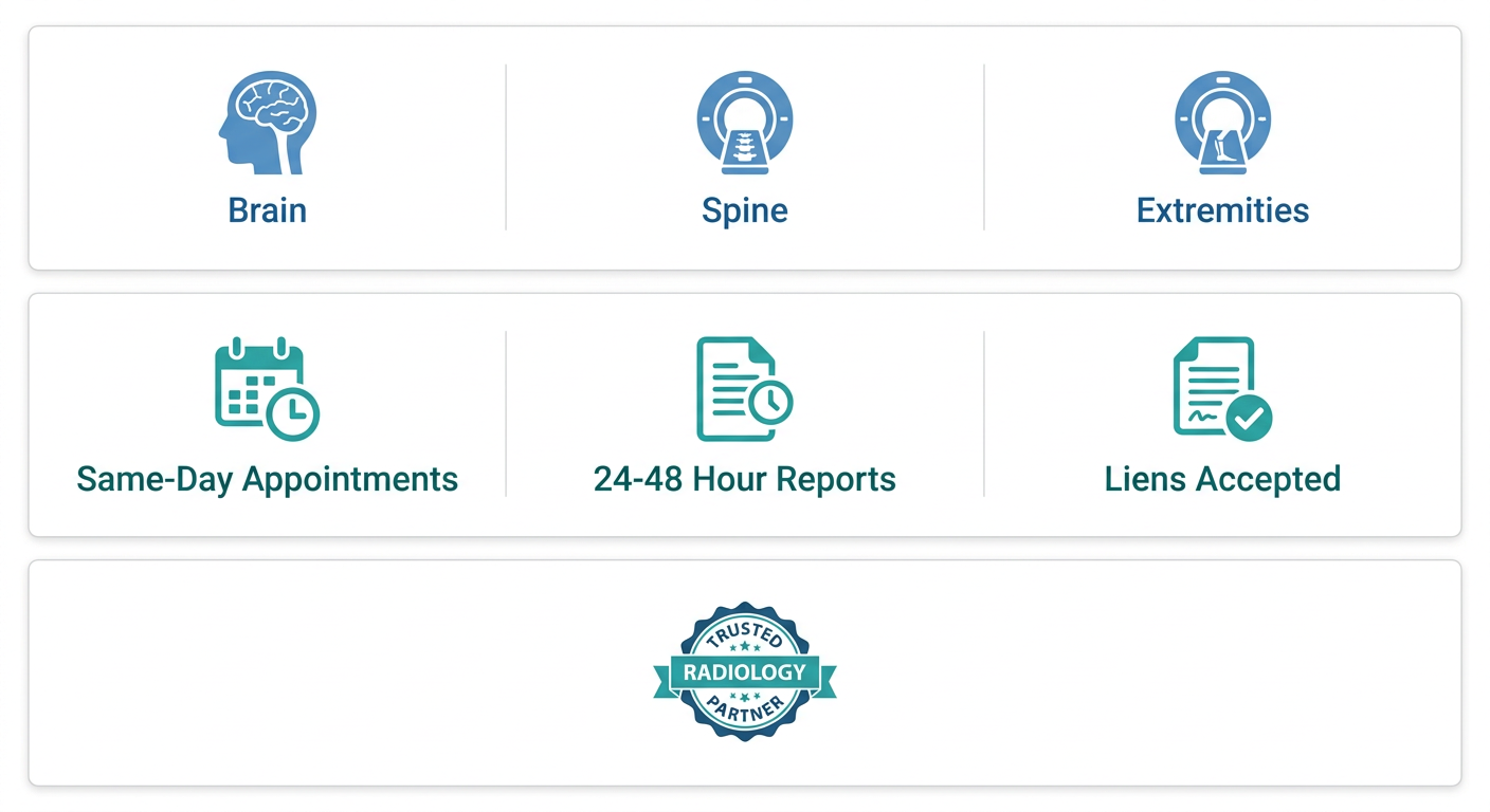 Infographic of MRI services including brain, spine, and extremity imaging with same-day appointments, 24-48 hour report turnaround, liens accepted, and board-certified radiologists.