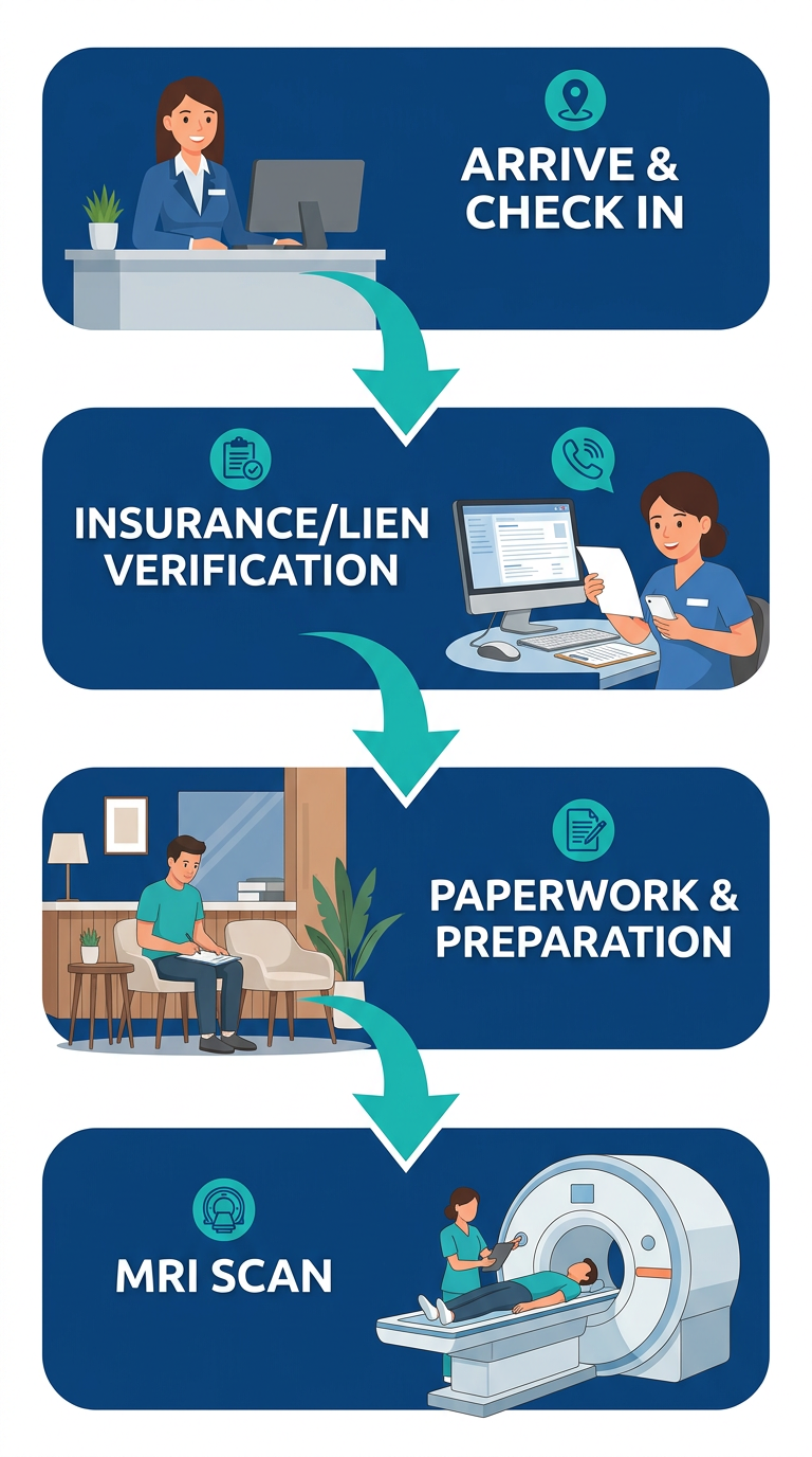 Vertical process flow diagram of four steps for patient arrival at AZ Advanced Imaging: Arrive and Check In, Insurance/Lien Verification, Paperwork and Preparation, MRI Scan.
