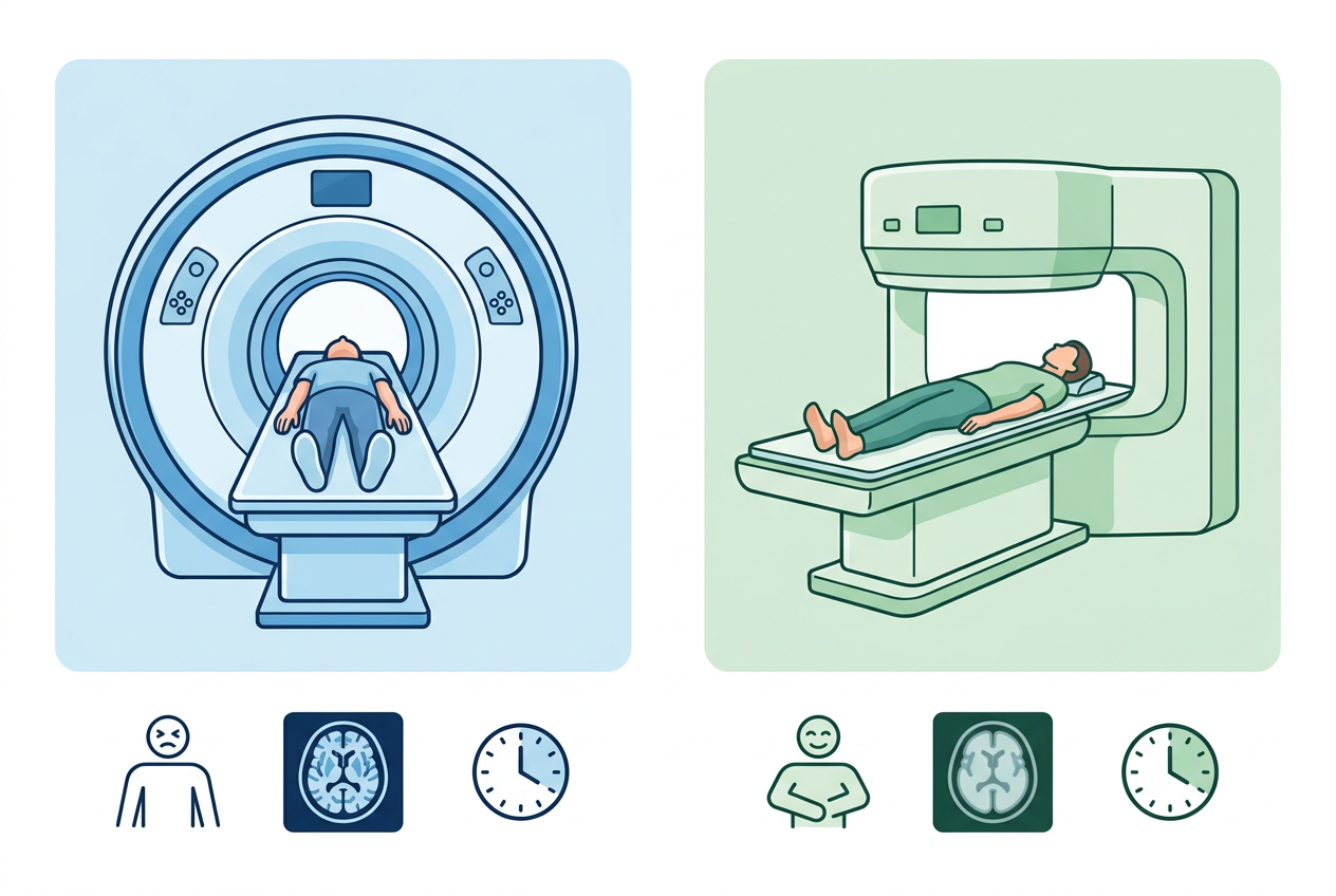 Comparison of closed and open MRI scanners showing differences in design, comfort, and image quality for diagnostic imaging.