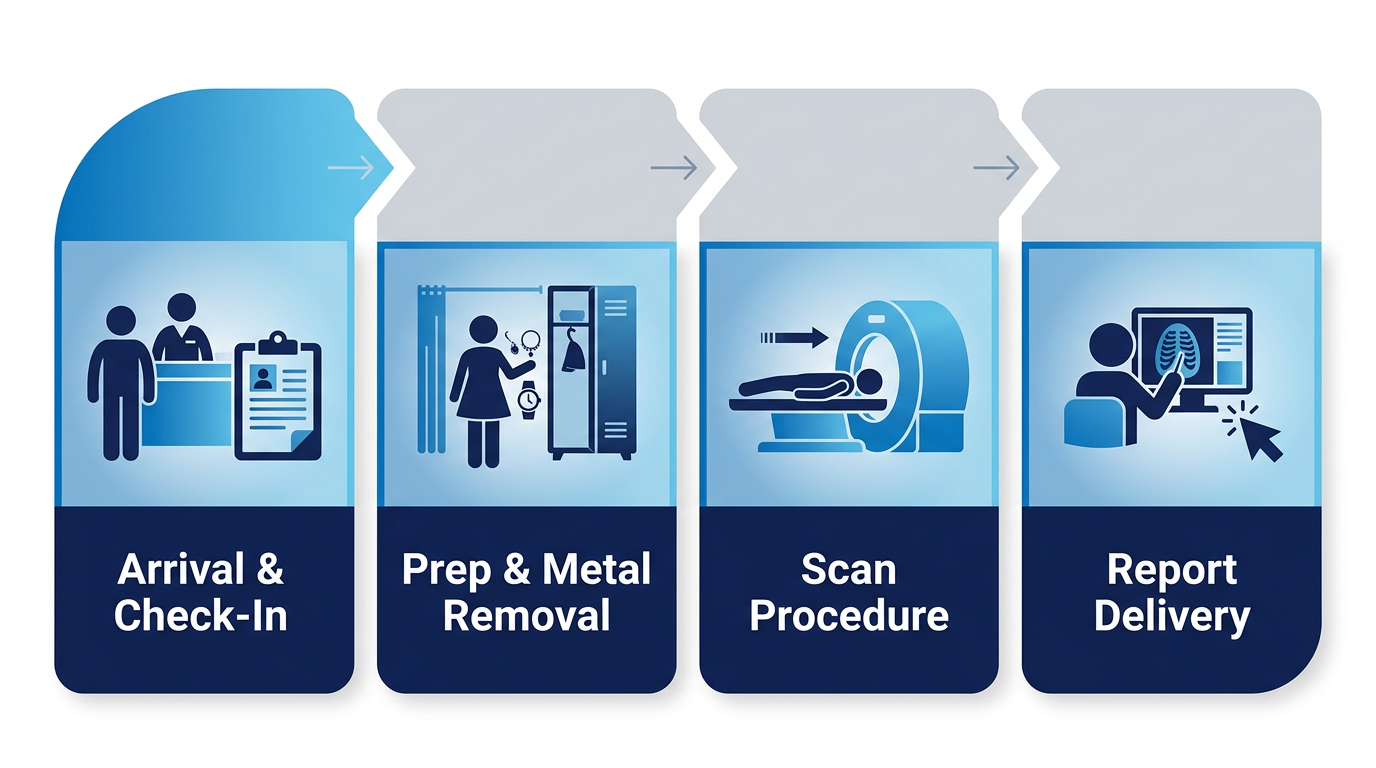 Imaging appointment process flow showing four steps: check-in, preparation, scan procedure, report delivery