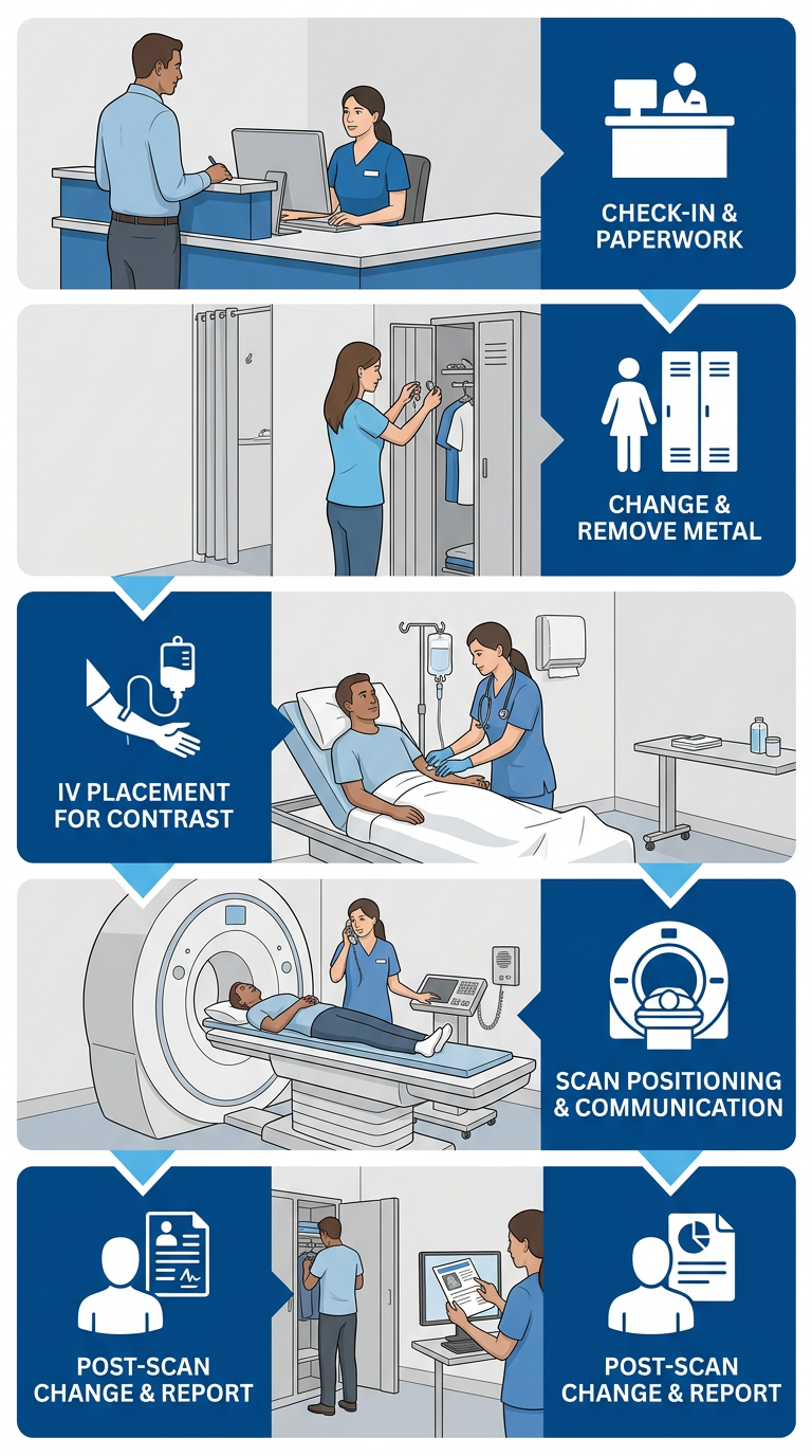 Vertical flow diagram with five numbered steps from Check-In to Post-Scan Report, blue gradient rectangles with white icons.