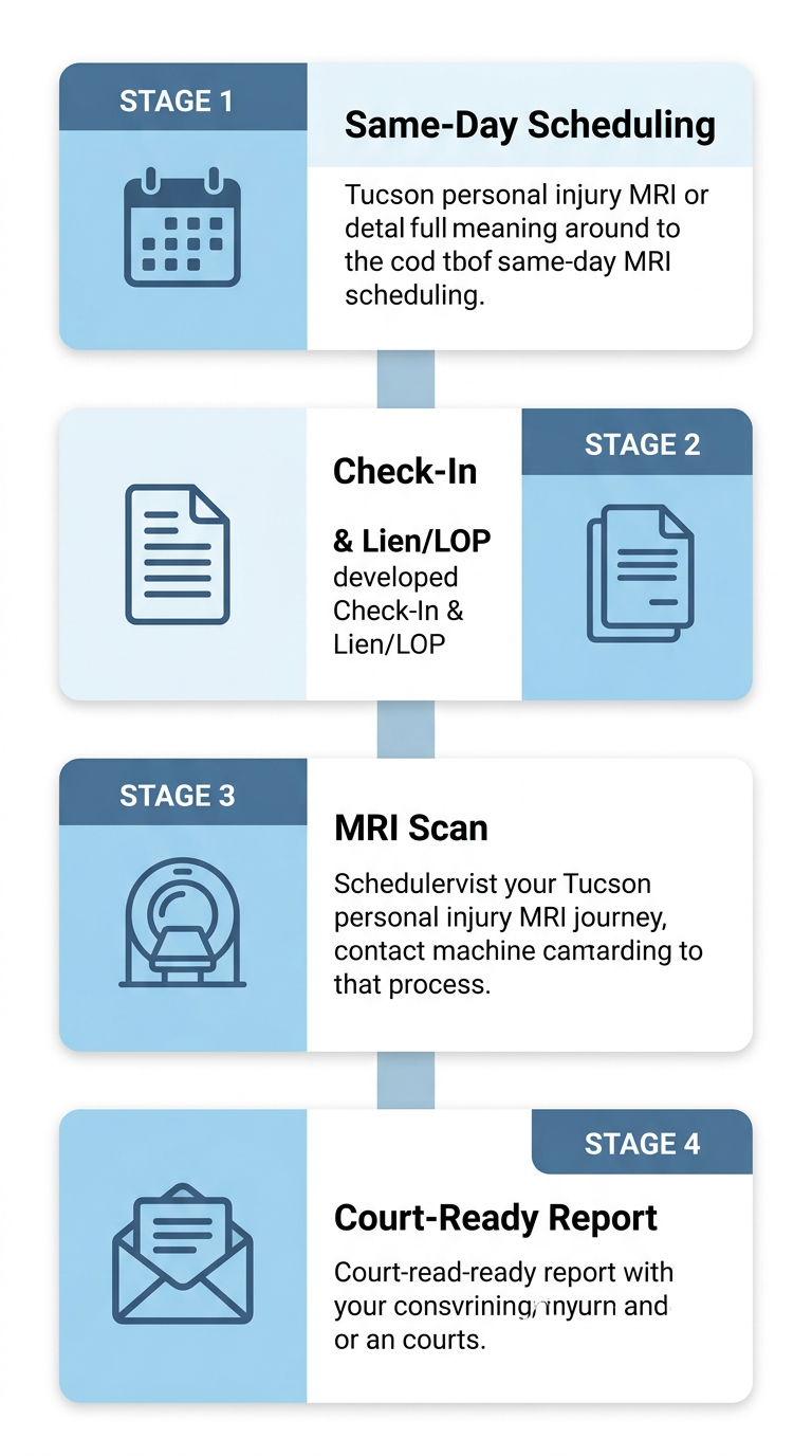 Four-step vertical diagram showing the personal injury MRI patient journey from same-day scheduling to court-ready report delivery in Tucson, with calendar, document, scanner, and envelope icons.