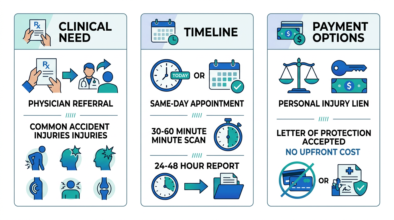 Horizontal infographic comparing three MRI decision factors: clinical need, timeline, and payment options after a car accident.