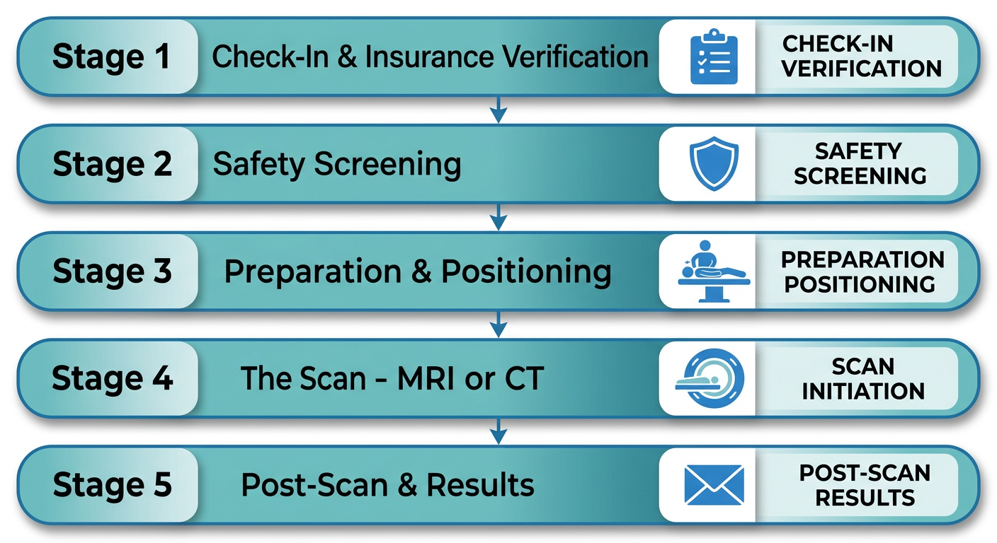 Vertical five-step process flow for an MRI and imaging appointment at Arizona Advanced Imaging, showing check-in, safety screening, preparation, scan, and post-scan steps with calming blue-to-teal gradient.