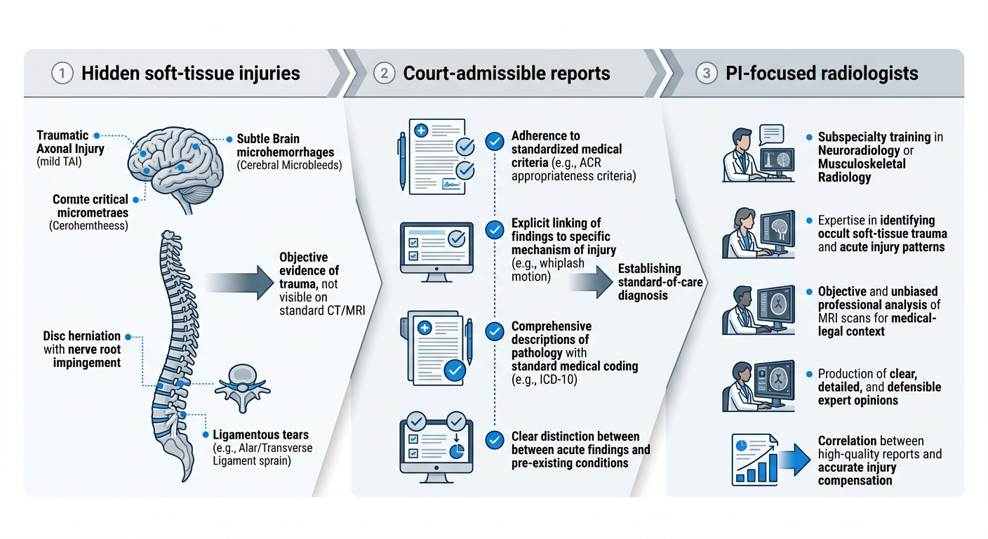 Infographic showing the benefits of MRI for personal injury cases, including detection of hidden soft-tissue injuries, court-admissible reports, and board-certified radiologists.