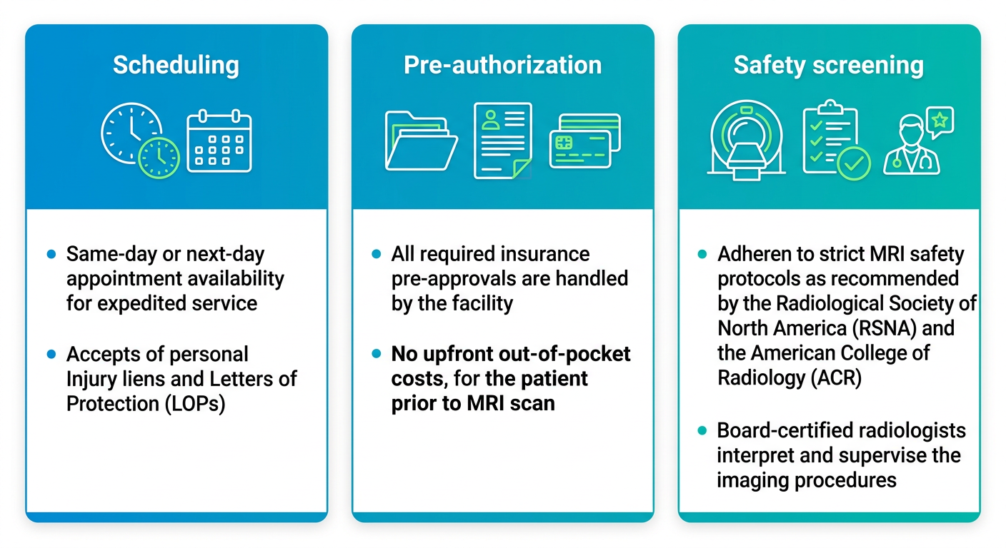 Horizontal infographic with three columns comparing scheduling, pre-authorization, and safety screening steps for a personal injury MRI in Chandler, using blue-teal gradients and outlined icons.
