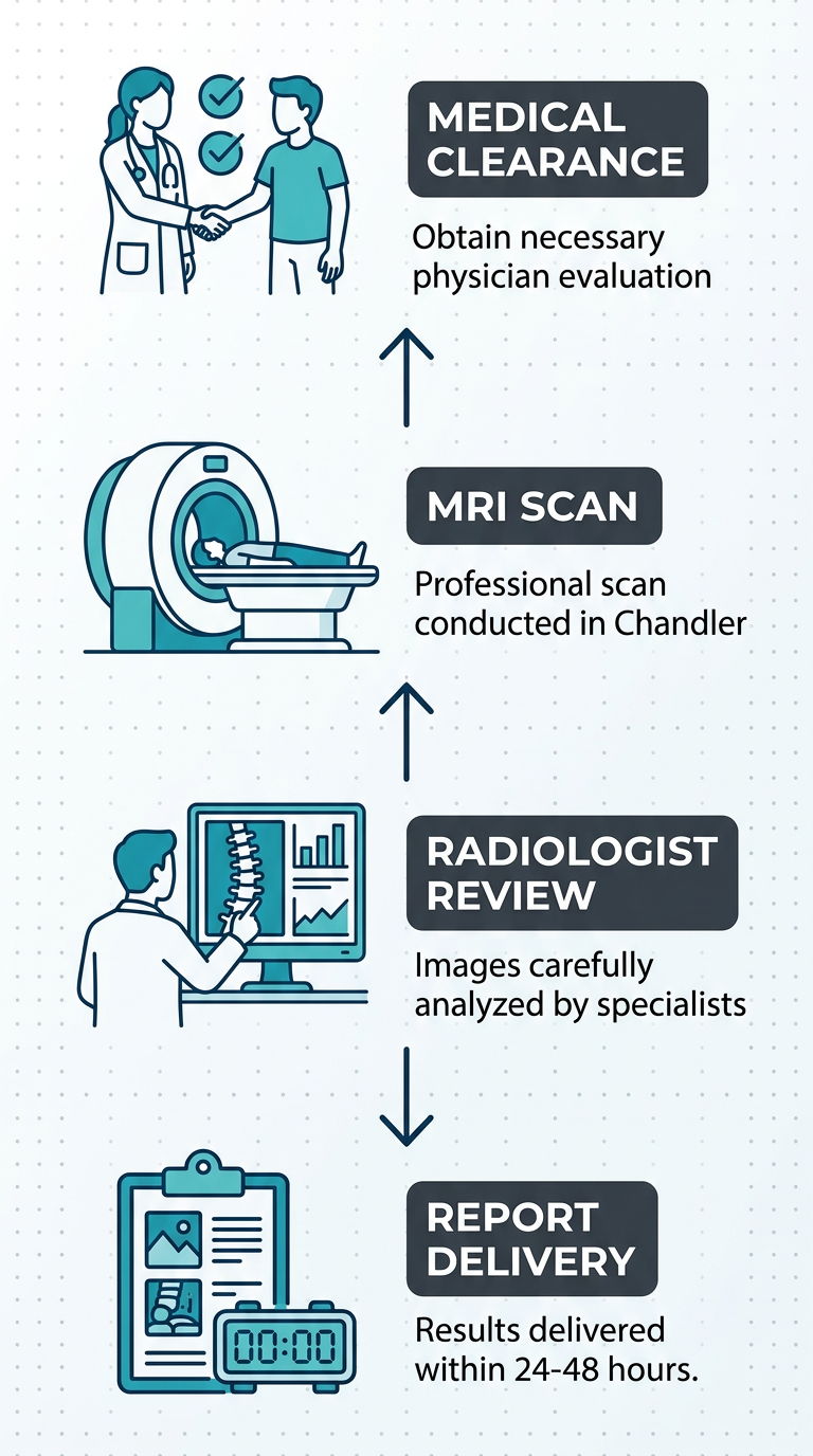 Vertical timeline of post-accident MRI journey in Chandler with four stages connected by arrows