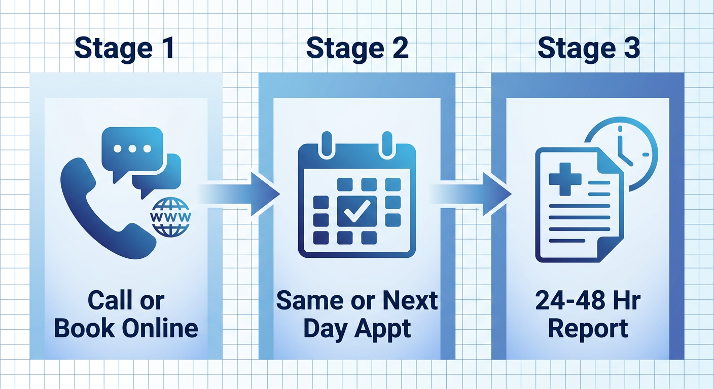 Three-step process for scheduling a diagnostic imaging appointment: call or book online, receive same-day or next-day appointment, get fast 24-48 hour report.