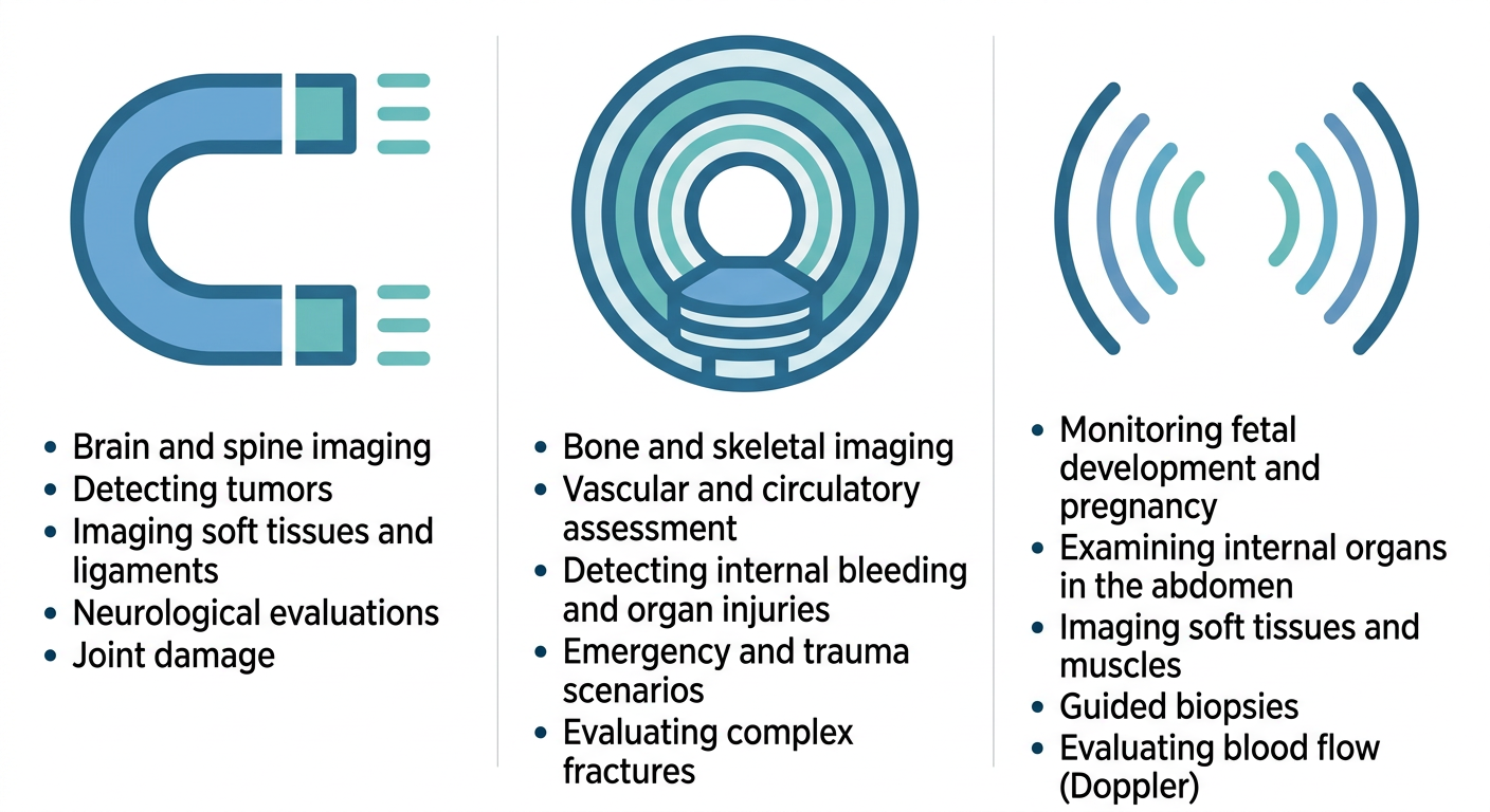 Infographic comparing MRI, CT scan, and ultrasound with icons and key uses