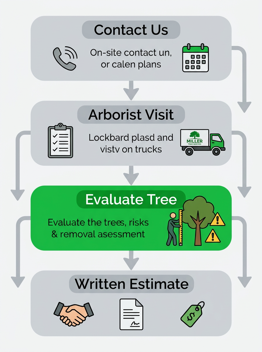 Tree Removal in Shreveport LA 2 Four-step vertical diagram of tree removal assessment process showing contact, arborist visit, tree evaluation, and written estimate stages.