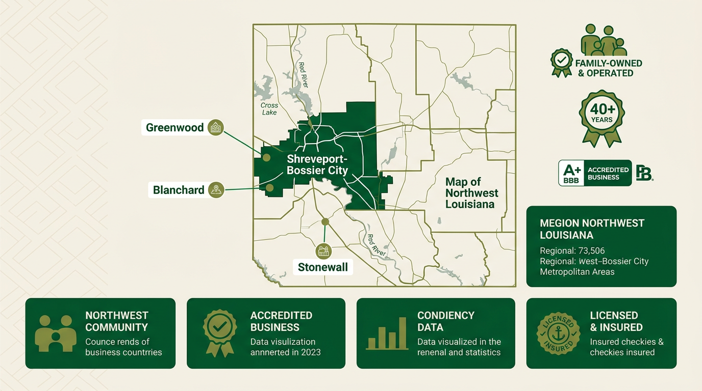 Tree Removal in Shreveport LA 1 Infographic map of Miller Tree Service coverage area in Northwest Louisiana highlighting Shreveport Bossier and surrounding communities with trust badges