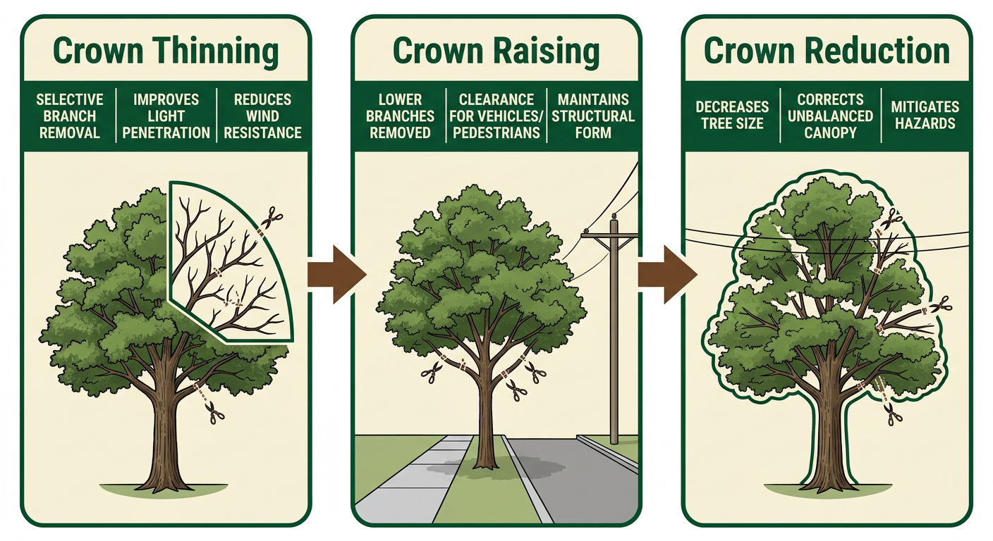 Three-stage process flow showing tree pruning techniques: crown thinning, crown raising, and crown reduction