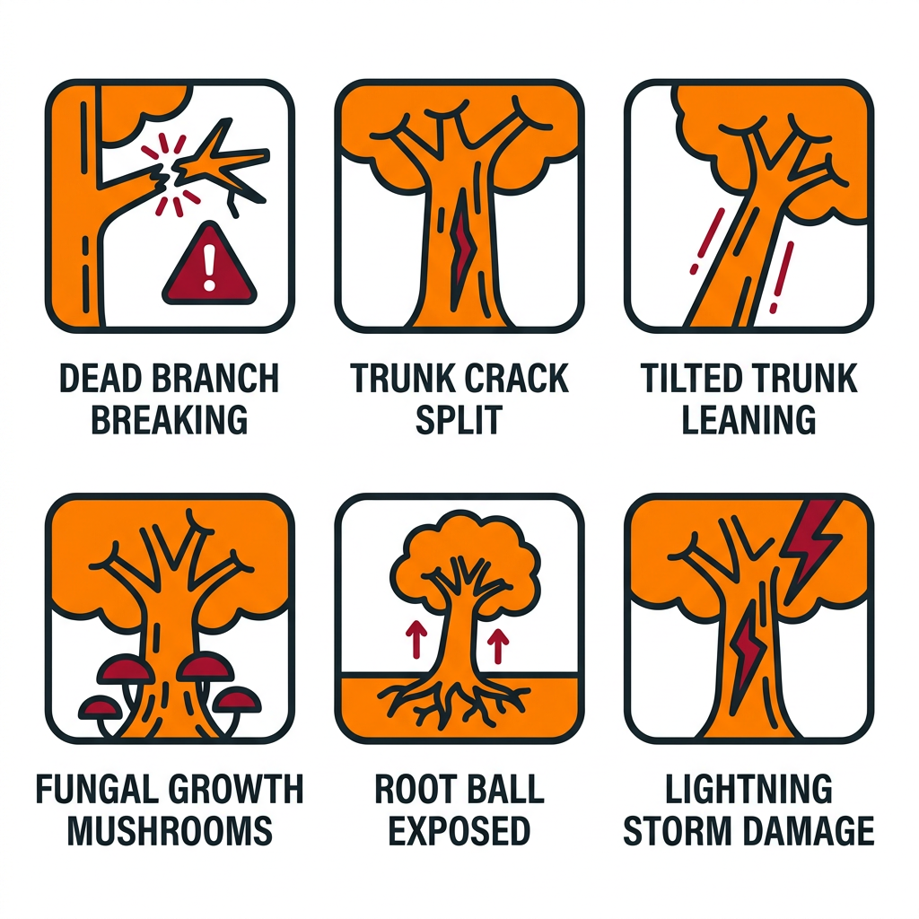 Set of six tree hazard warning icons showing dead branches, cracked trunk, leaning tree, fungal growth, exposed roots, and storm damage