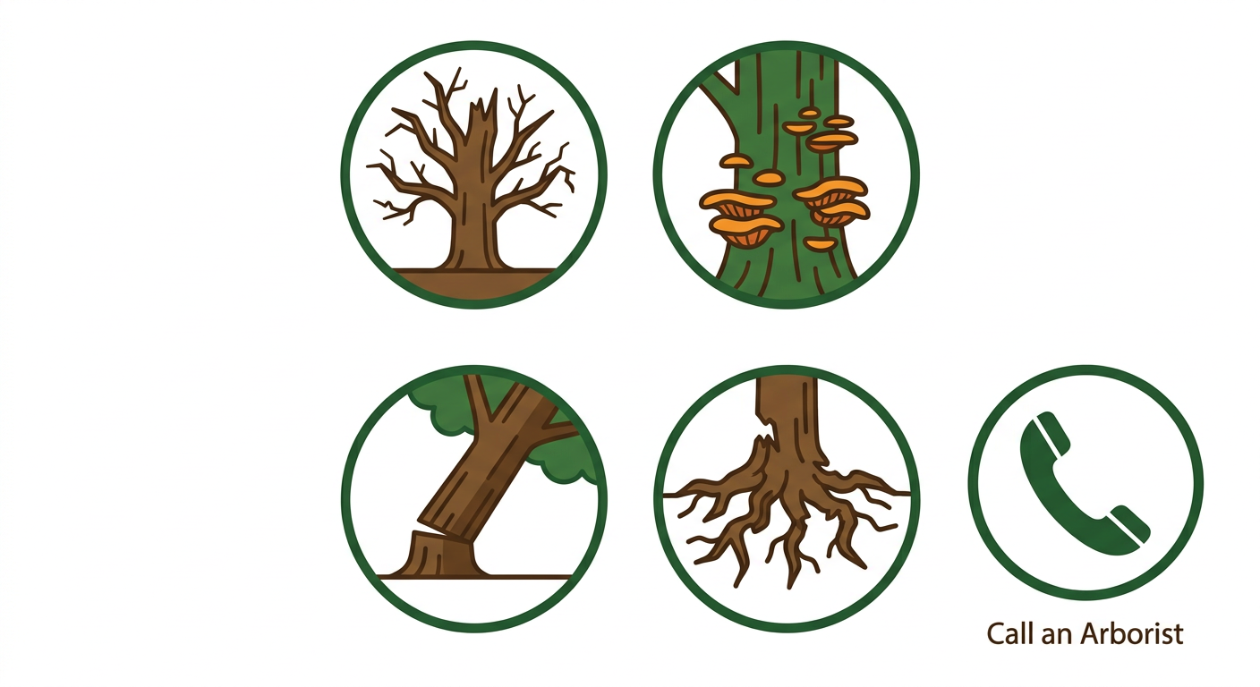 Icon grid showing four warning signs for tree removal: dead branches, fungal growth, leaning tree, and root damage, plus a phone icon to call an arborist.