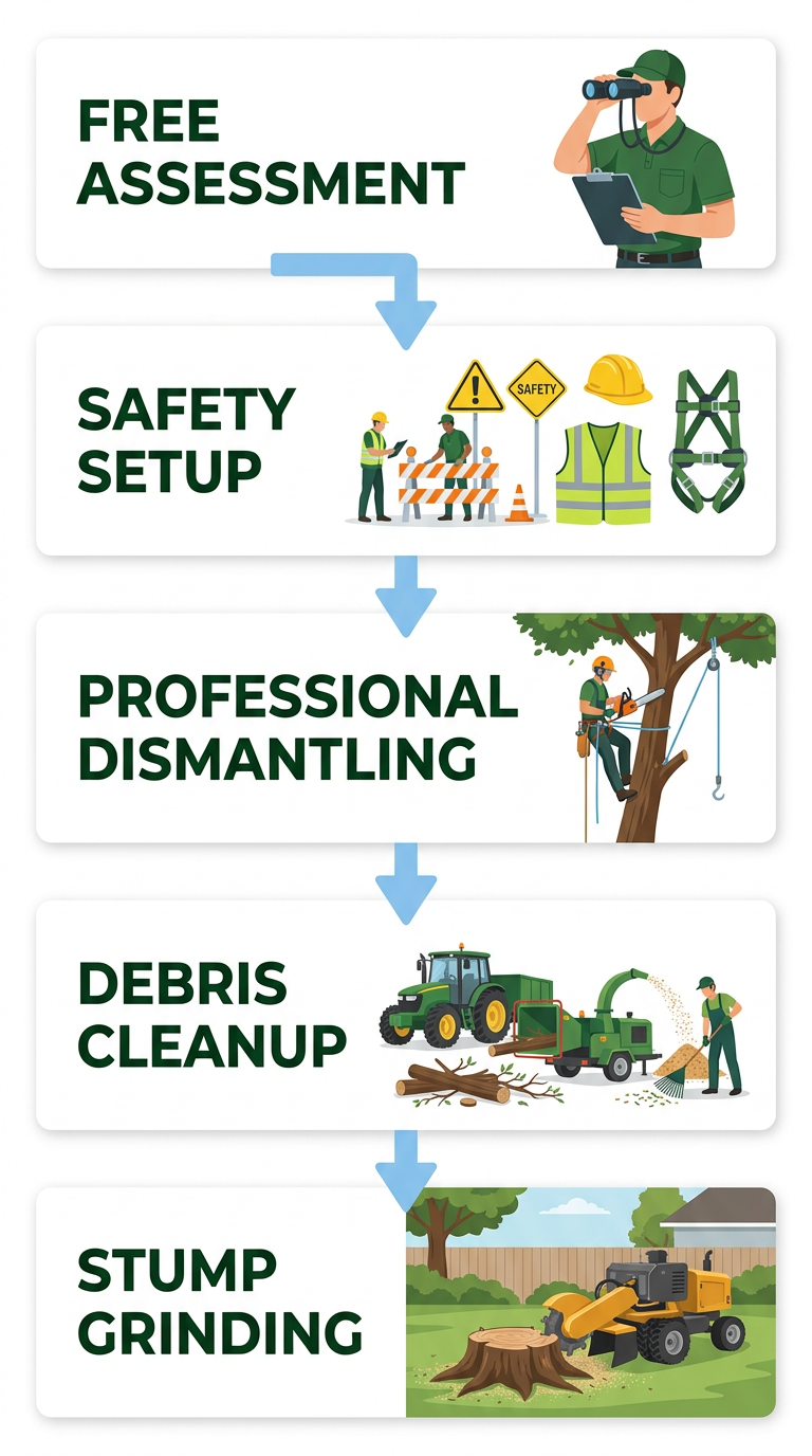 Professional tree removal process flow with five steps from assessment to stump grinding