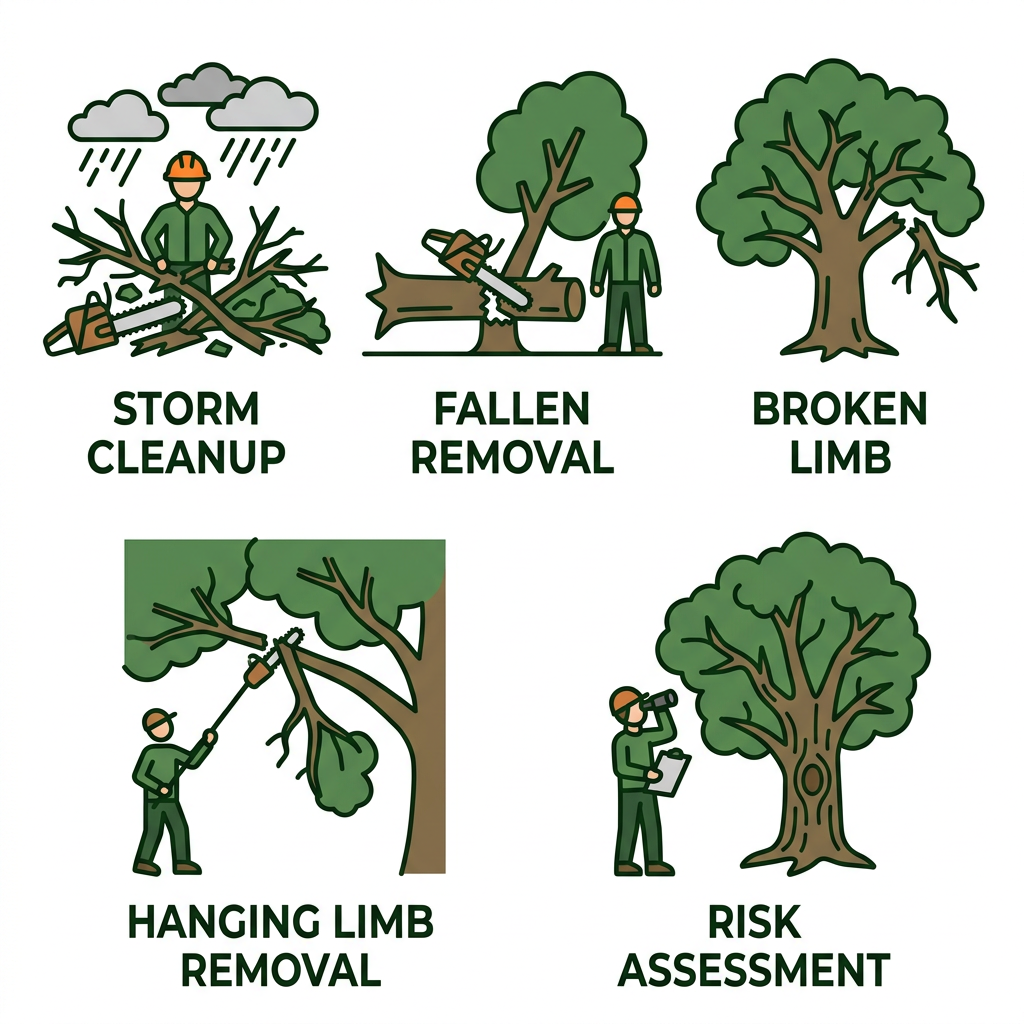 Tree Service in Shreveport LA and Certified Arborist Care 2 Grid of five outlined icons representing emergency tree services: storm damage cleanup with lightning bolt near tree, fallen tree removal with uprooted tree, broken limb removal with broken branch, hanging limb removal with dangling branch, and tree risk assessment with magnifying glass over tree.