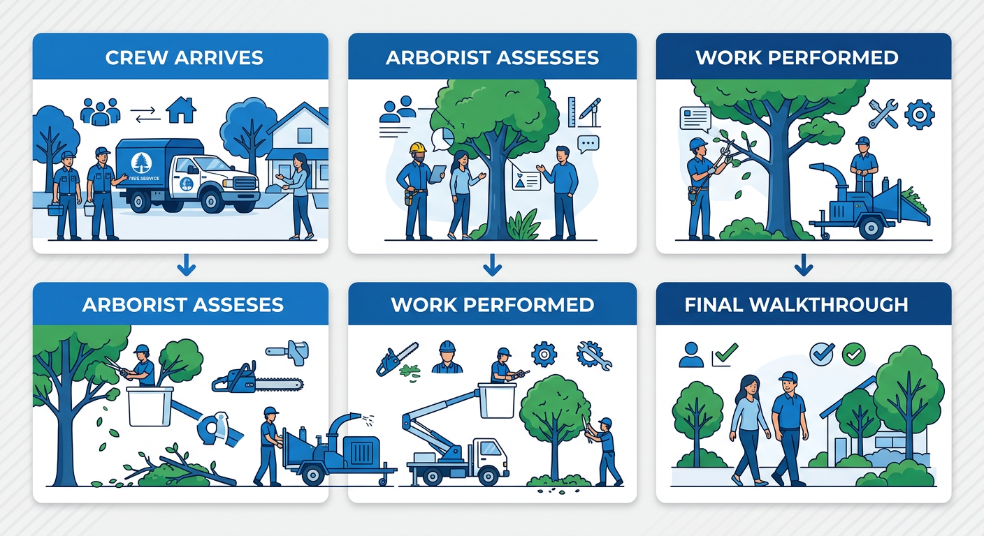 Tree Service in Shreveport LA and Certified Arborist Care 1 A vertical process flow showing four stages of a tree service customer journey from crew arrival to final walkthrough and satisfaction check.
