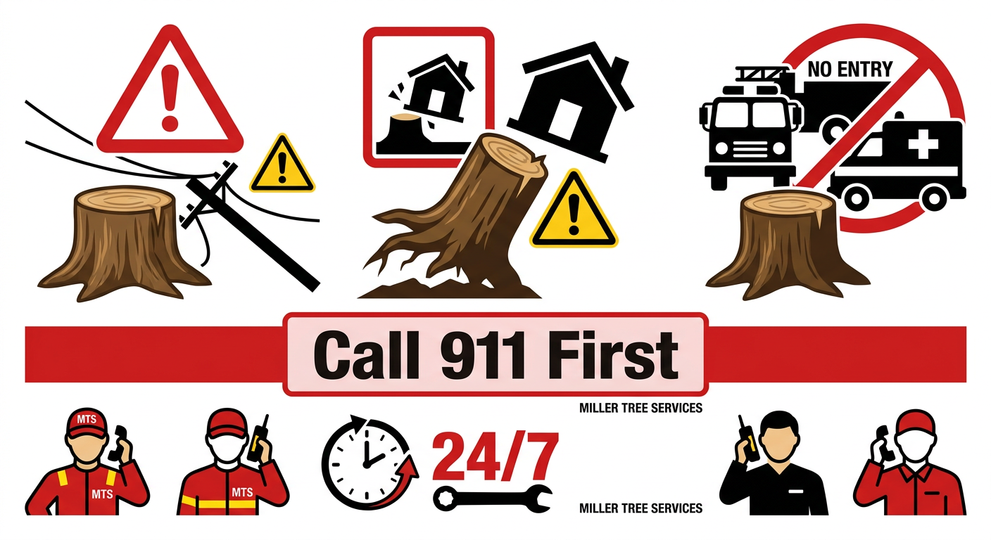 Infographic showing three stump hazard scenarios with a call 911 first banner and Miller Tree Service emergency team icon
