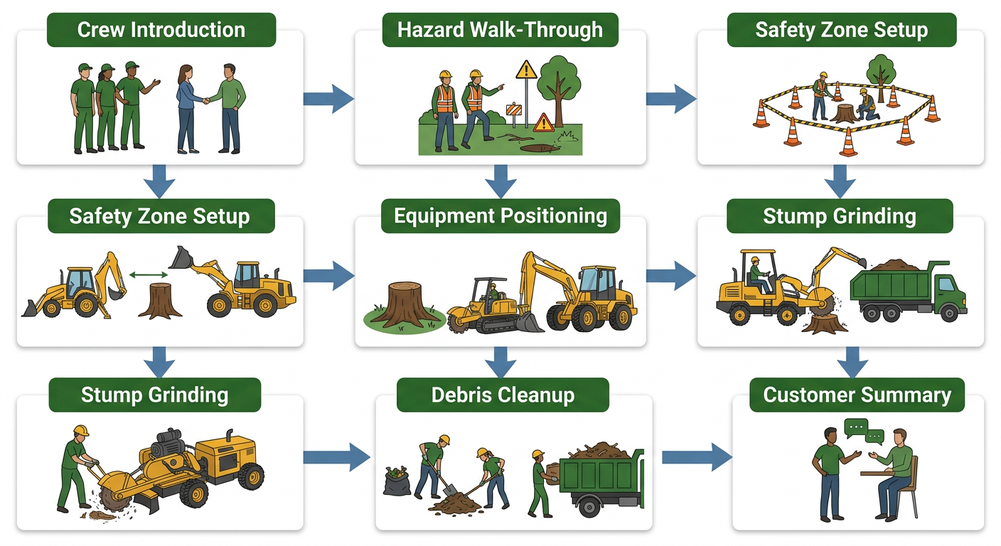 Vertical process flow showing seven steps of tree service crew workflow from arrival to cleanup using green and blue scheme.