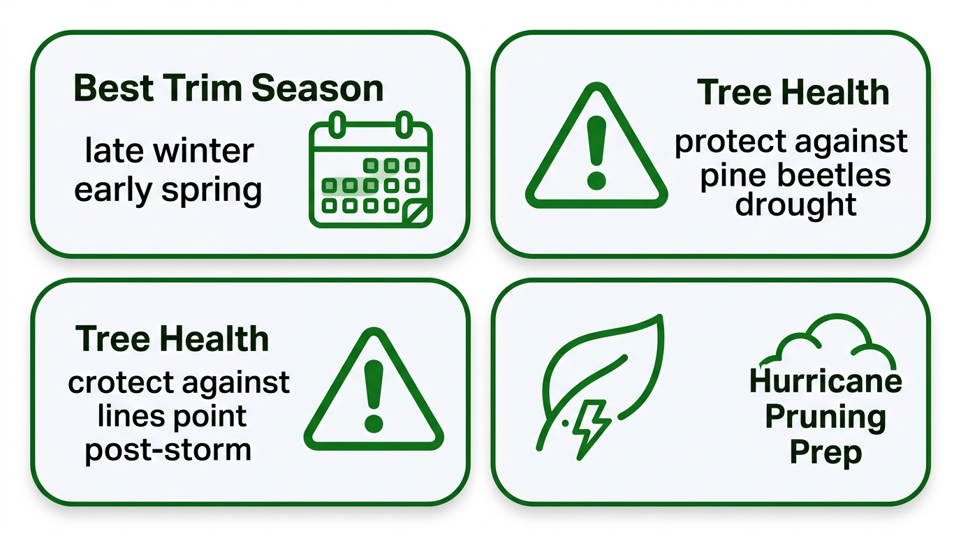 Infographic displaying four tree care tips for Haughton Louisiana trimming season power line safety tree health and hurricane preparation with green icons.