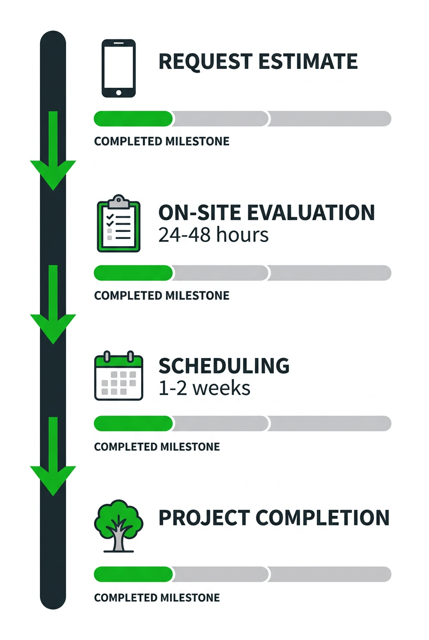 Vertical timeline showing tree care project phases: request estimate, on-site evaluation within 24 to 48 hours, scheduling within 1 to 2 weeks, and project completion with duration varying from a few hours for small trims to 1 to 2 days for large removals. No text or titles included.