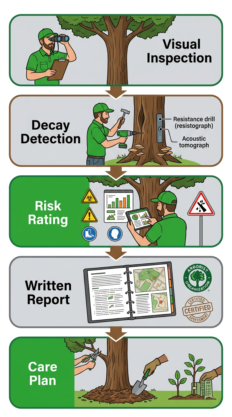 Tree Service in Bossier City LA Arborist and Tree Care 1 Five-stage vertical process flow showing a certified arborist's tree assessment: visual inspection, decay detection, risk rating, written report, and personalized care plan.