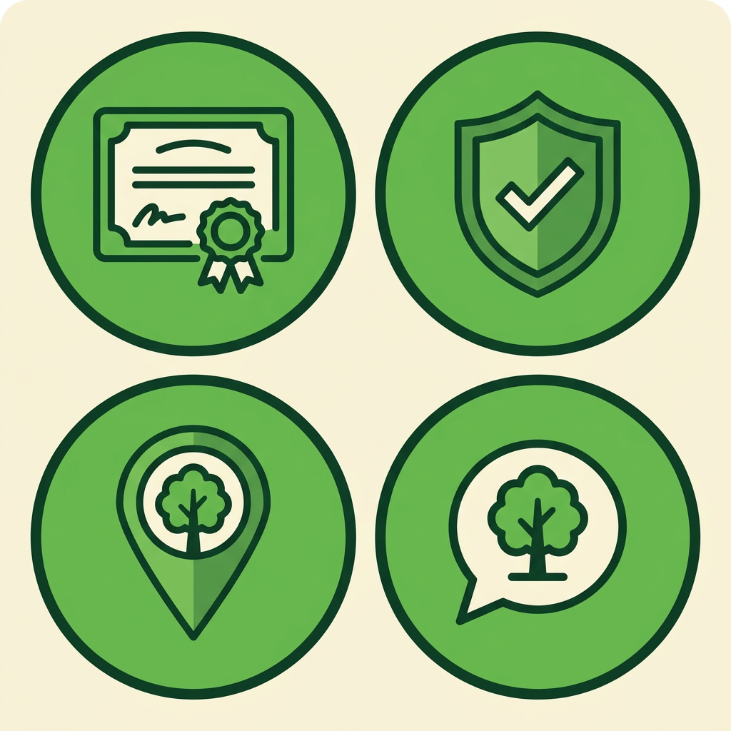 Tree Service in Bossier City LA Arborist and Tree Care 2 2x2 grid of icons representing tree service selection criteria including ISA certification, insurance, local experience, and free quote.