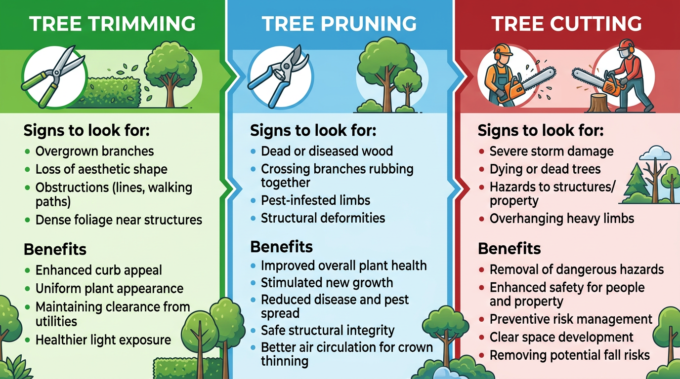 Three-column infographic comparison of tree trimming, pruning, and cutting services with icons and key signs.