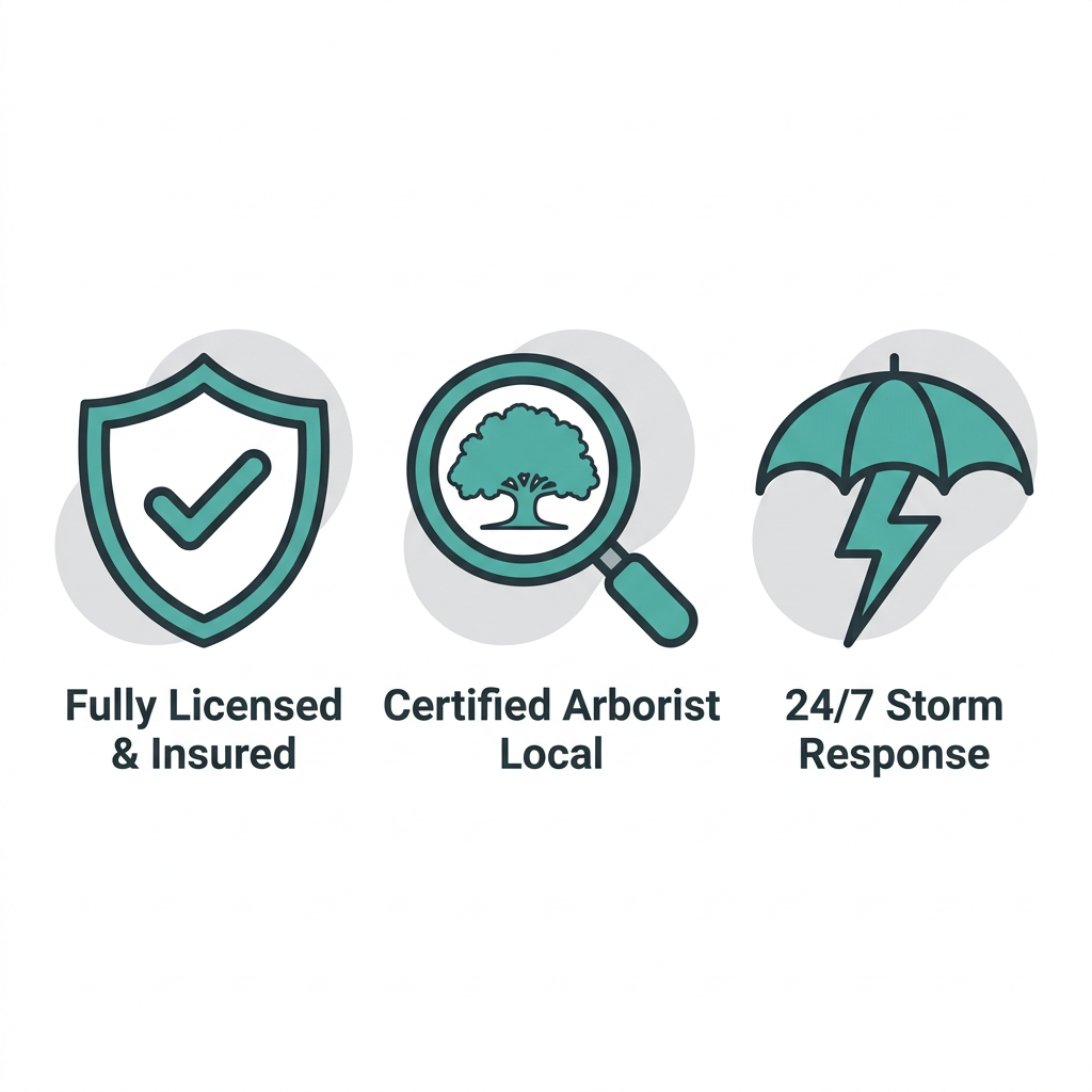 Icon set showing three key decision factors for tree care in Minden, Louisiana: licensed and insured, certified arborist, and 24/7 emergency storm response.