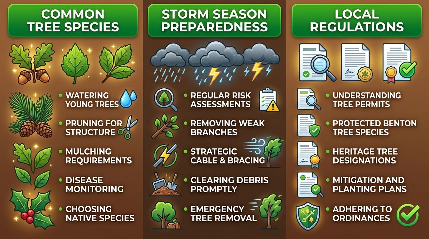 Tree Service in Benton LA Removal Trimming and Care 2 Infographic showing location-specific factors for Benton tree care with three columns: common tree species, storm season preparedness, and local regulations