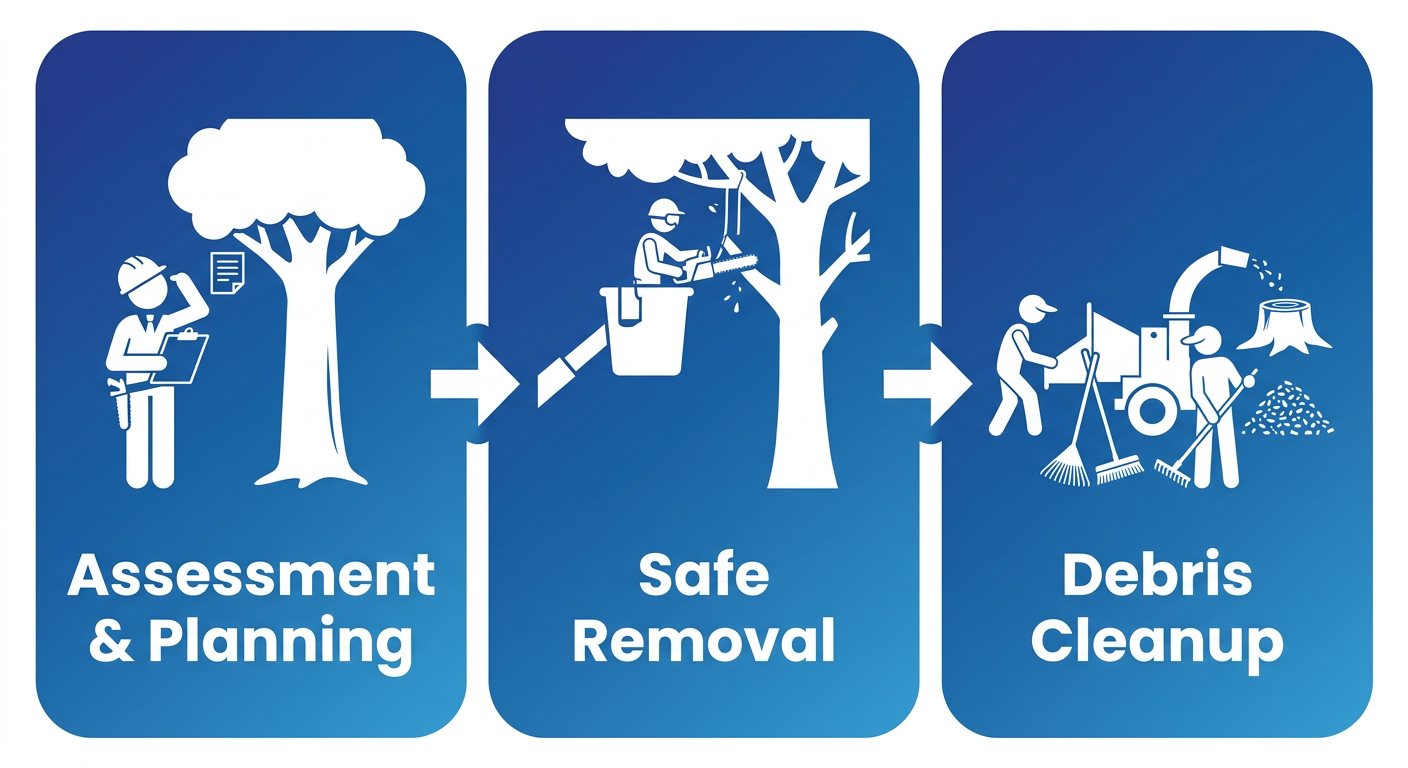 Tree Service in Benton LA Removal Trimming and Care 1 Horizontal diagram of three connected stages: Arborist Assessment and Planning, Safe Removal and Pruning Techniques, and Debris Removal and Cleanup with icons and arrows.