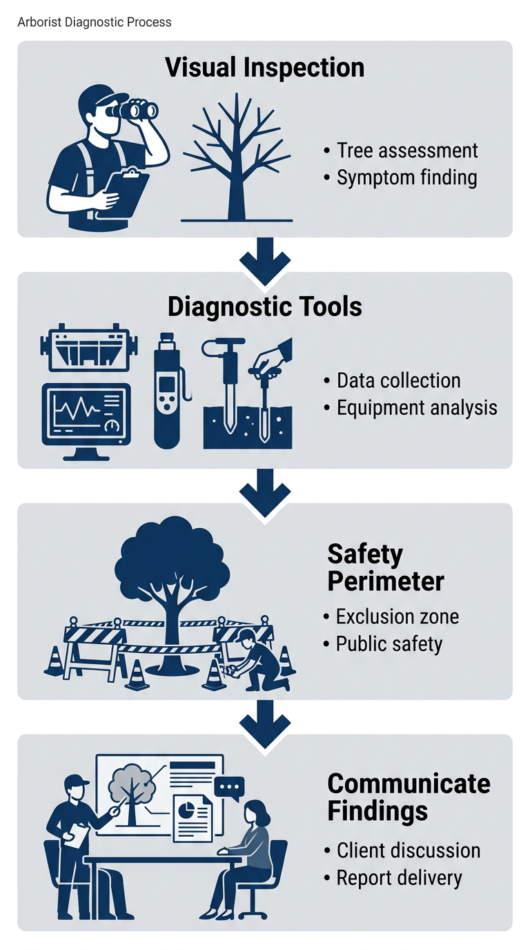 Storm Damage Tree Removal in Shreveport LA 2 Vertical process flow diagram showing four stages of arborist diagnostic process: 360 degree visual inspection, diagnostic tool use, safety perimeter establishment, and findings communication to homeowner. Dark blue icons and text on light gray background.