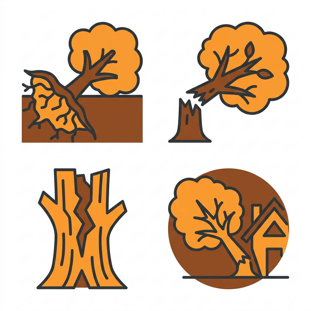Storm Damage Tree Removal in Shreveport LA 1 Flat icon set showing four types of storm damage to trees: uprooted tree, broken limb, split trunk, and leaning tree in orange and brown color palette.