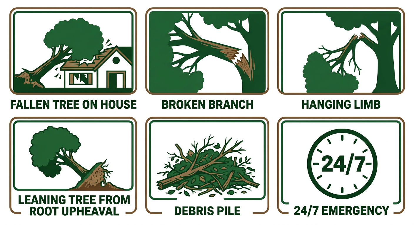Tree Service in Greenwood LA Trimming and Stump Grinding 1 Infographic showing six types of storm damage handled by Miller Tree Service in Greenwood, LA, with icon-based cards for fallen trees, broken branches, hanging limbs, root upheaval, debris cleanup, and 24/7 emergency response.