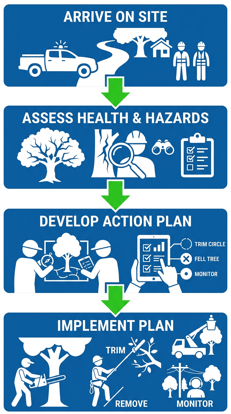 Tree Service in Greenwood LA Trimming and Stump Grinding 2 Process flow diagram showing the four stages of emergency tree assessment by Miller Tree Service: arrive on site, assess health and hazards, develop action plan, implement plan for trim, remove, or monitor.