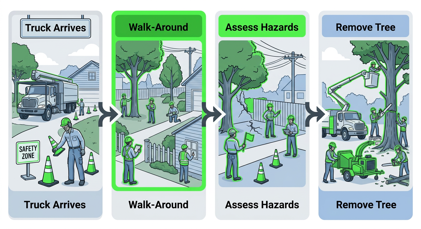 Tree Removal in Haughton LA 2 Horizontal process flow showing crew arrival steps at a Haughton property: branded truck arrival, safety walk-around with homeowner, hazard assessment, and safe tree removal.