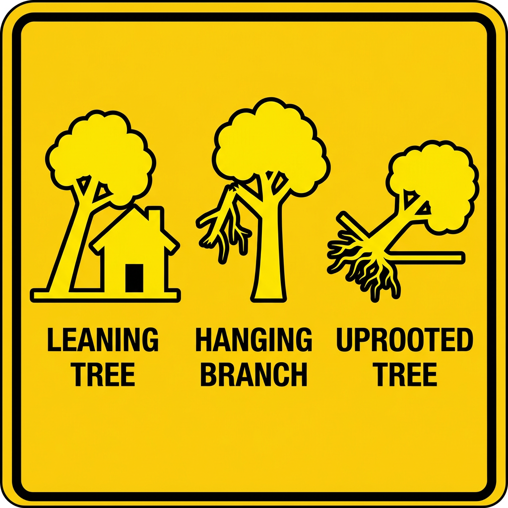 Tree Removal in Haughton LA 1 Three flat vector icons of tree emergency warning signs: a tree leaning toward a house, a large broken hanging branch, and an uprooted tree, each labeled below in black on a caution-yellow background.