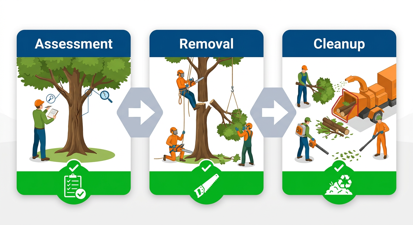 Three-step professional tree removal process diagram showing assessment, safe removal with equipment, and stump cleanup