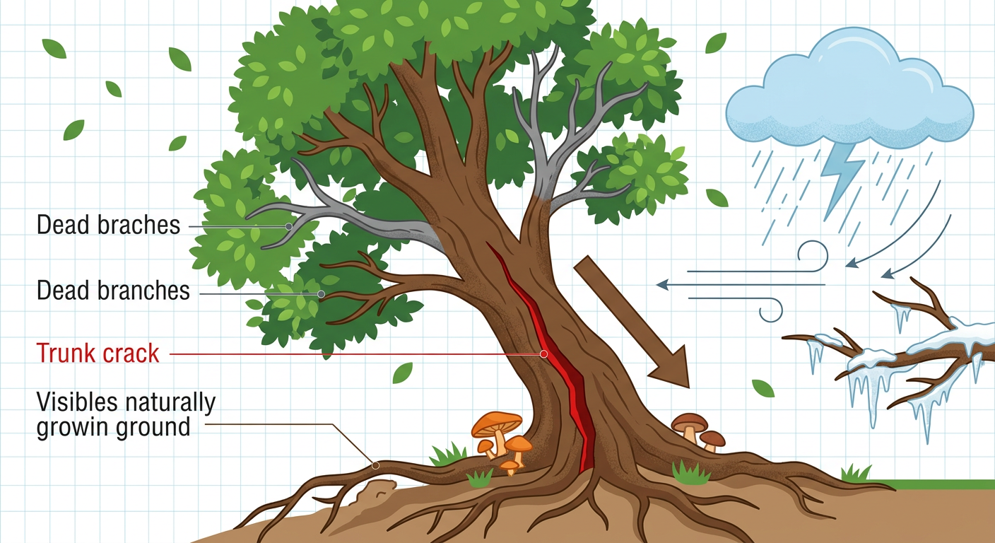 Infographic illustrating warning signs of hazardous trees including dead branches, trunk crack, leaning trunk, exposed roots, and fungal growth, alongside storm damage triggers.