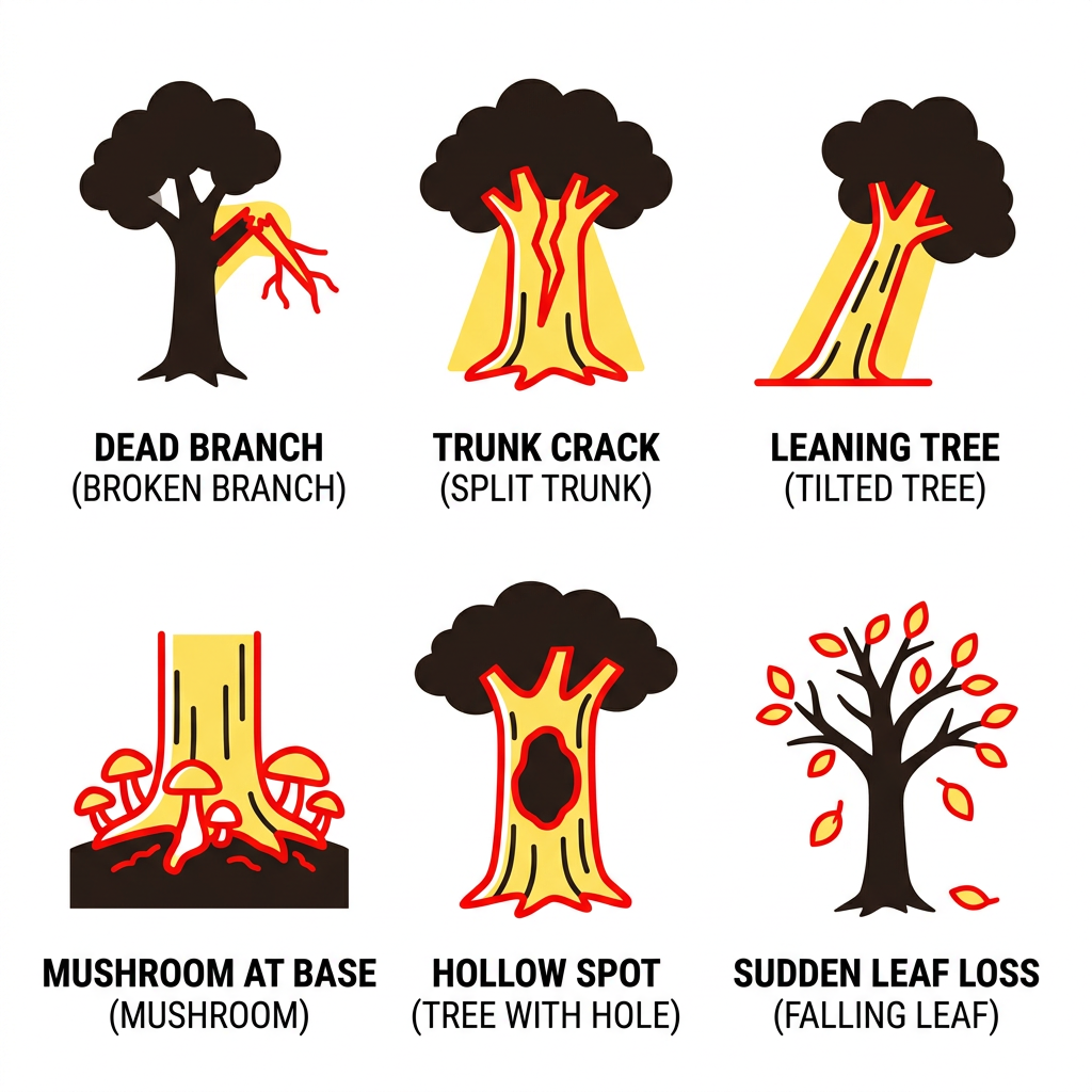 Set of 6 warning icons showing signs of tree danger: dead branch, trunk crack, leaning tree, mushroom at base, hollow spot, and sudden leaf loss, in red and yellow outline style on white background